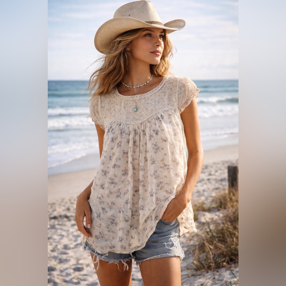 Elena Baldi Bohemian Lace-Yoke Floral Peasant Baby Doll Silk Top Cream